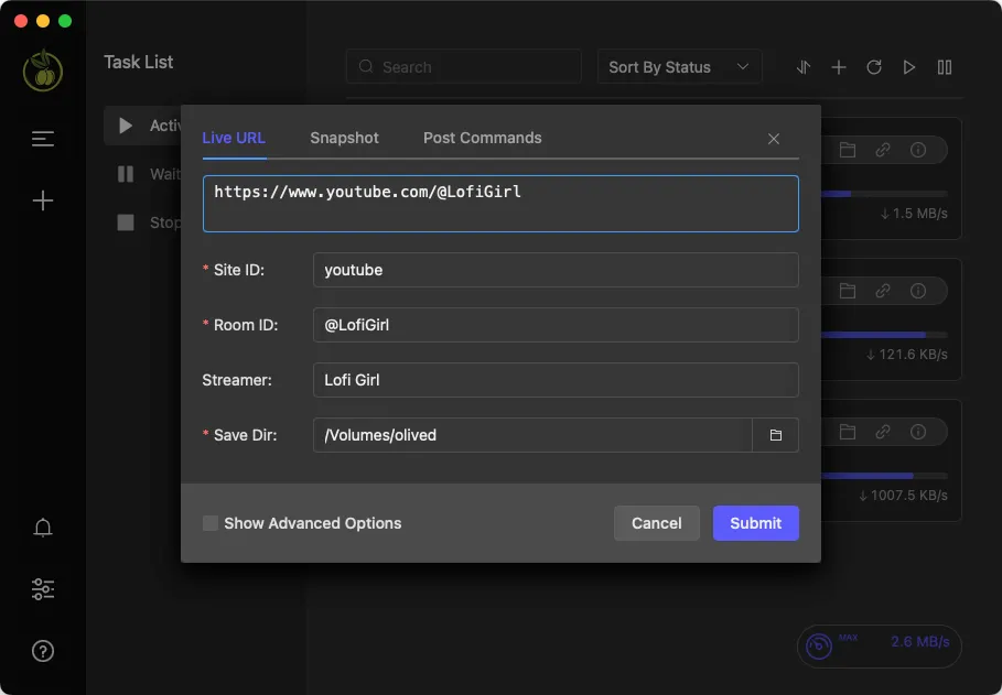 Olived interface: Adding a new recording task by pasting a URL (dark mode)